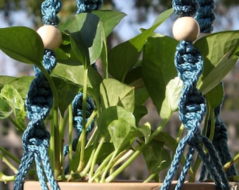CIRQUE - Blue Macramé Plant Hanger with Wood Beads - 6mm Braided Poly Cord in DENIM