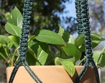 CLASSIC Dark Green Teal Macramé Plant Hanger with Wood Beads - 4mm Braided Poly Cord in ANTIQUE JADE