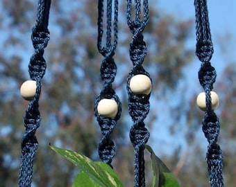 MARRAKESH - Dark Blue Macramé Plant Hanger with Wood Beads - 4mm Braided Poly Cord in NAVY