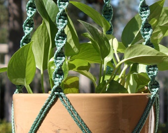 HELIX - Teal Green Macramé Plant Hanger with Wood Beads - 4mm Braided Poly Cord in SAGE