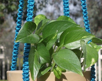 CLASSIC Blue Macramé Plant Hanger with Wood Beads - 4mm Braided Poly Cord in SAPPHIRE