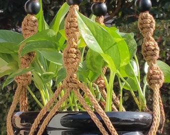 CIRQUE - Light Brown Macramé Plant Hanger with Wood Beads - 6mm Braided Poly Cord in CINNAMON