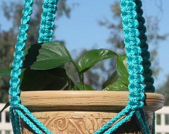 CLASSIC - TURQUOISE Macramé Plant Hanger with Wood Beads - 6mm Braided Poly Cord