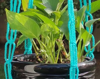 NAUTICA - TURQUOISE Blue Macramé Plant Hanger - 4mm Braided Poly Cord - no beads