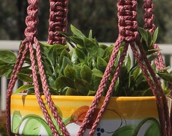 CROWNE ROYALE - Pink Handmade Macrame Plant Hanger with Wood Beads - 6mm Braided Poly Cord in ROSE