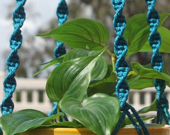 HELIX - SAPPHIRE Blue Macrame Plant Hanger with Wood Beads - 4mm Braided Poly Cord