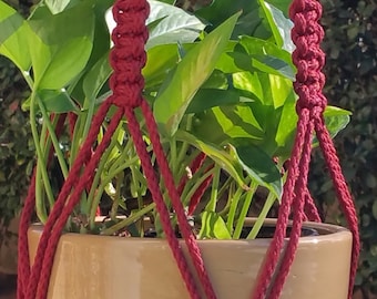 CROWNE ROYALE - Crimson Macramé Plant Hanger with Wood Beads - 6mm Braided Poly Cord in WINE