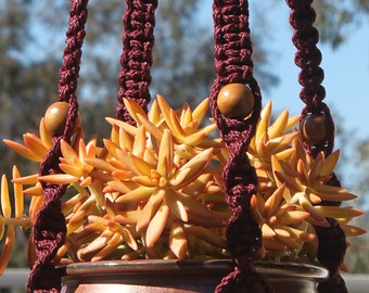 CIRQUE - BURGUNDY Macramé Plant Hanger with Wood Beads - 6mm Braided Poly Cord