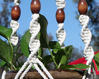 CIRQUE - Off-White Macramé Plant Hanger with Wood Beads - 6mm Braided Poly Cord in NATURAL