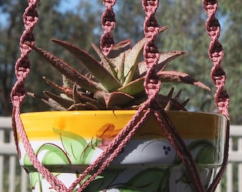 HELIX - Pink Macrame Plant Hanger with Wood Beads - 4mm Braided Poly Cord in ROSE