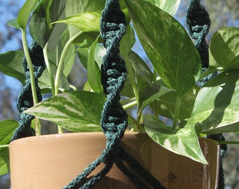 TRIO - Dark Teal Green Macramé Plant Hanger with Wood Beads - 6mm Braided Poly Cord in ANTIQUE JADE
