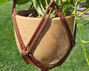 HELIX - Brown Macrame Plant Hanger with Wood Beads - 6mm Braided Poly Cord in "ALMOND"