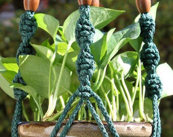 CIRQUE - Dark Teal Green Macramé Plant Hanger with Wood Beads - 6mm Braided Poly Cord in ANTIQUE JADE