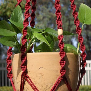 Puede incluir: Un macetero de macramé rojo con cuentas de madera sostiene una maceta de terracota con una planta verde.