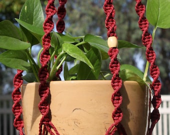 EMPRESS - Ruby Red Macramé Plant Hanger with Wood Beads - 4mm Braided Poly Cord in WINE