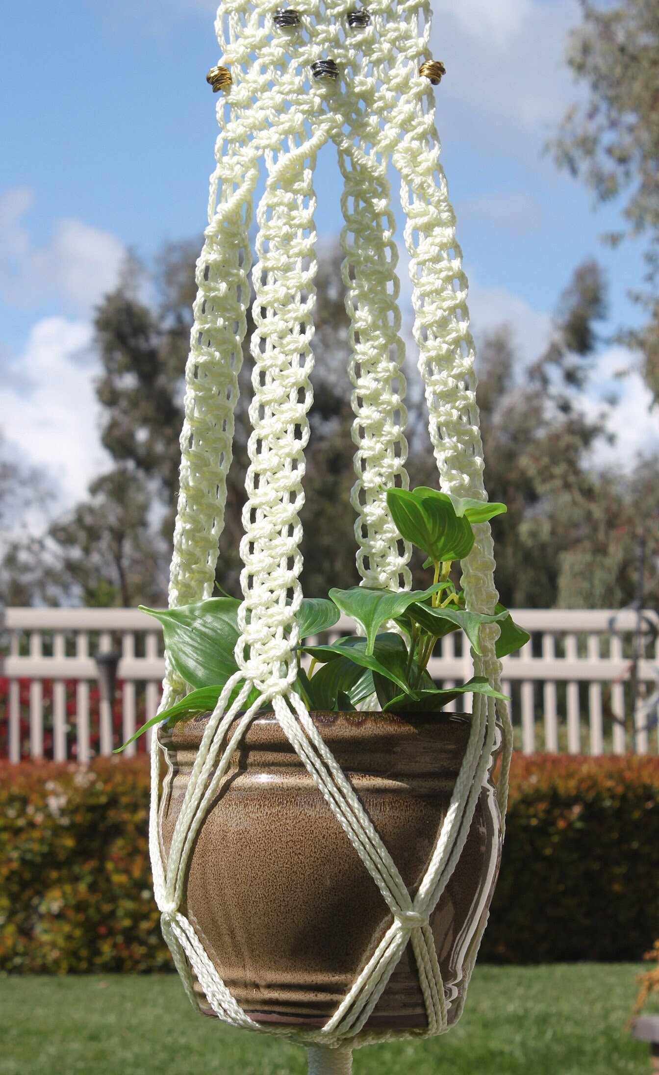 JEWEL - IVORY Macrame Plant Hanger with Metal Beads - 4mm Braided Poly Cord