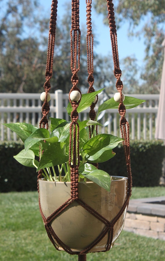 MARRAKESH - Brown Macrame Plant Hanger With Wood Beads - 4mm Braided Poly  Cord in ALMOND - Etsy