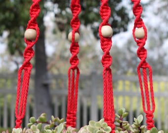 MARRAKESH - Long RED Macramé Plant Hanger with Wood Beads - 4mm Braided Poly Cord