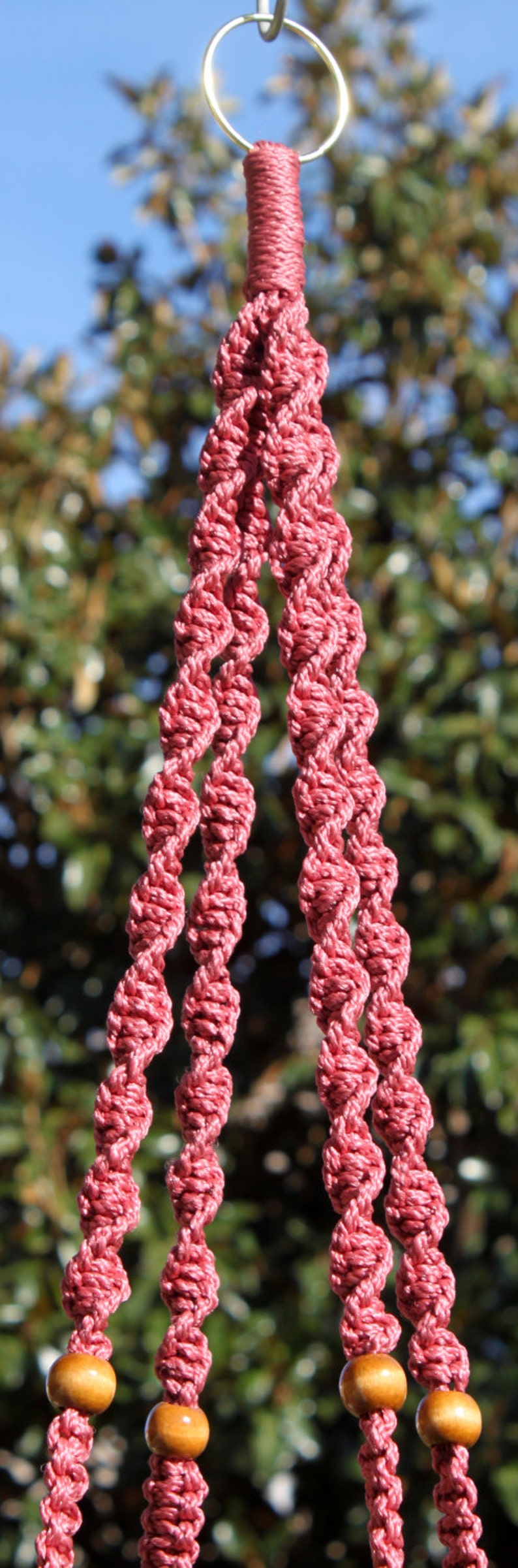 CLASSIC Pink Macramé Plant Hanger with Wood Beads 4mm Braided Poly Cord in ROSE image 3