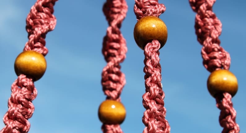 CLASSIC Pink Macramé Plant Hanger with Wood Beads 4mm Braided Poly Cord in ROSE image 4