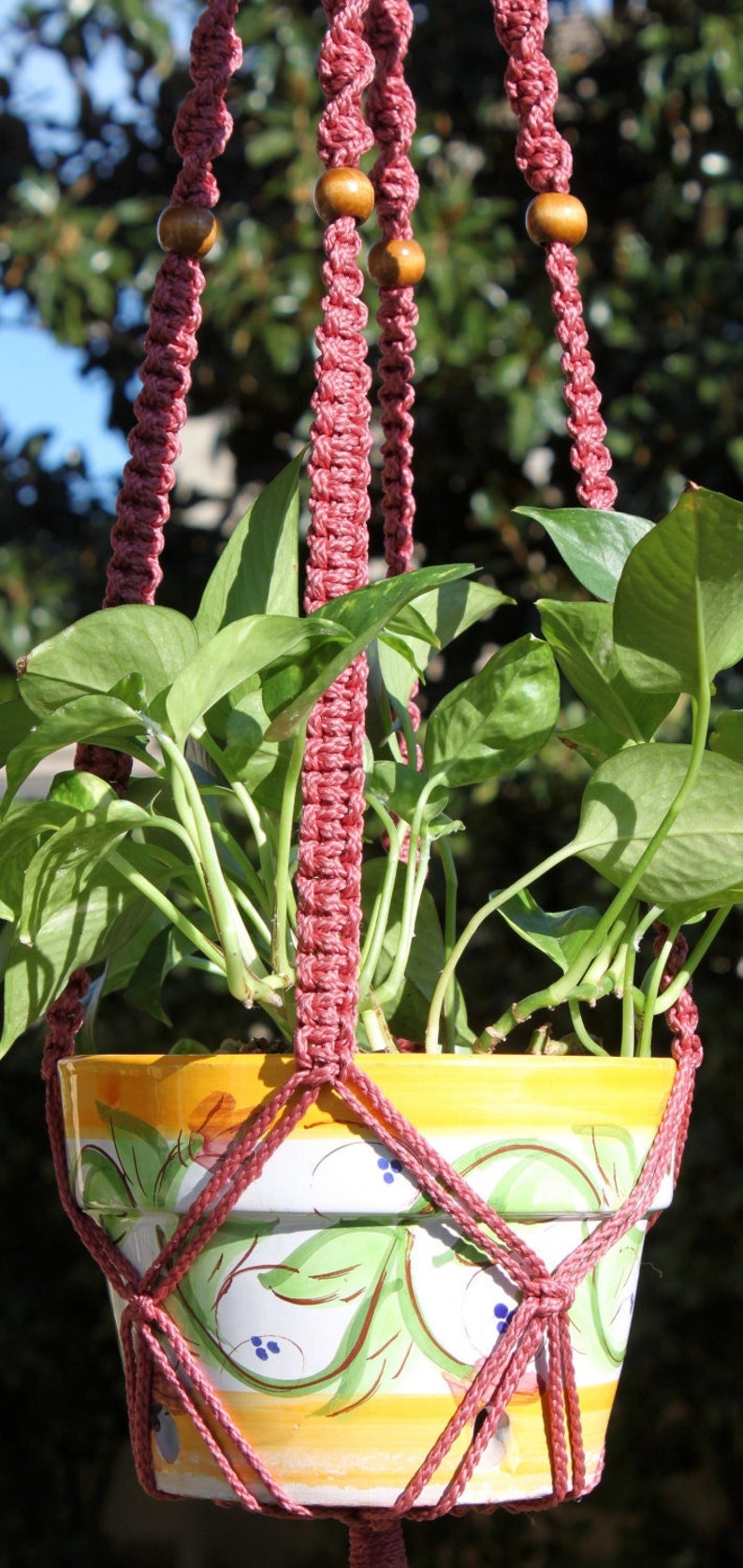 CLASSIC Pink Macramé Plant Hanger with Wood Beads 4mm Braided Poly Cord in ROSE image 1