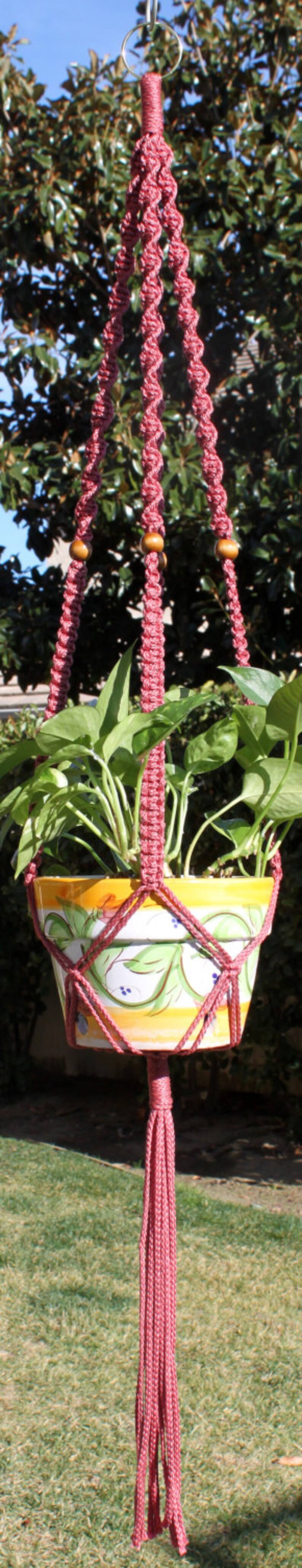 CLASSIC Pink Macramé Plant Hanger with Wood Beads 4mm Braided Poly Cord in ROSE image 2