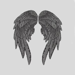 May include: A detailed illustration of two symmetrical angel wings. The wings are depicted in shades of gray, with intricate feather detailing. The design is set against a plain, light gray background, creating a striking contrast.