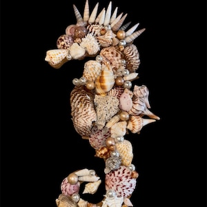 May include: A seahorse sculpture crafted from various seashells and pearls against a black background. The seahorse features a detailed arrangement of shells in shades of brown, beige, and white, with pearl accents. The seahorse's head is adorned with spiky shells.