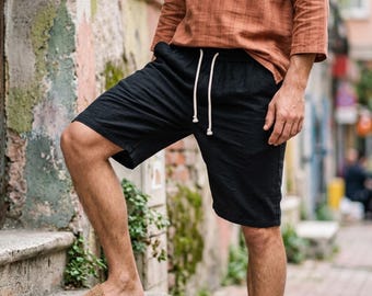 Luźne lniane szorty na lato – szorty plażowe ze ściągaczem, lekkie, oddychające szorty do wypoczynku, luźny krój na wakacje dla mężczyzn