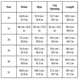 May include: A size chart with measurements for waist, hips, leg opening, and length in both centimeters and inches. Sizes range from 26 to 31. The chart is in a grid format with black text on a white background.