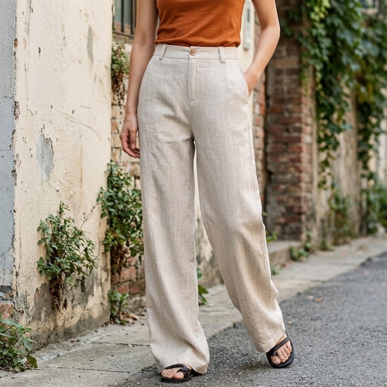 Beige high waisted flowy trousers made from breathable fabric styled with summer outfit