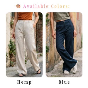 May include: Two pairs of linen pants in different colors are displayed. One pair is a light beige, labeled "Hemp," and the other is a dark blue, labeled "Blue." The text "Available Colors:" is at the top. The pants have a wide-leg design.
