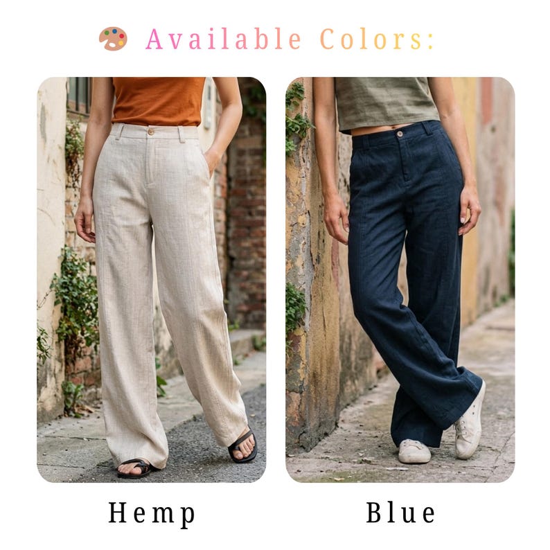 May include: Two pairs of linen pants in different colors are displayed. One pair is a light beige, labeled "Hemp," and the other is a dark blue, labeled "Blue." The text "Available Colors:" is at the top. The pants have a wide-leg design.