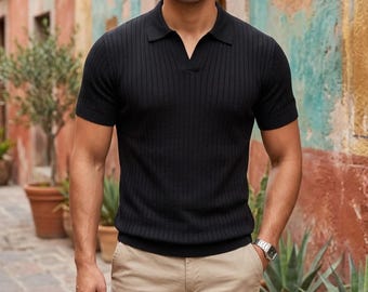 Men’s Ribbed Knit Polo Shirt – Slim Fit Summer Polo, Casual Knit Polo Tee, Lightweight Breathable Shirt, Minimalist Men’s Fashion Top