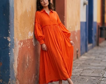 Sukienka koszulowa maxi w stylu boho z plisami – luźna sukienka z długim rękawem i guzikami, oversize'owa sukienka midi w stylu boho, luźna, zwiewna sukienka damska