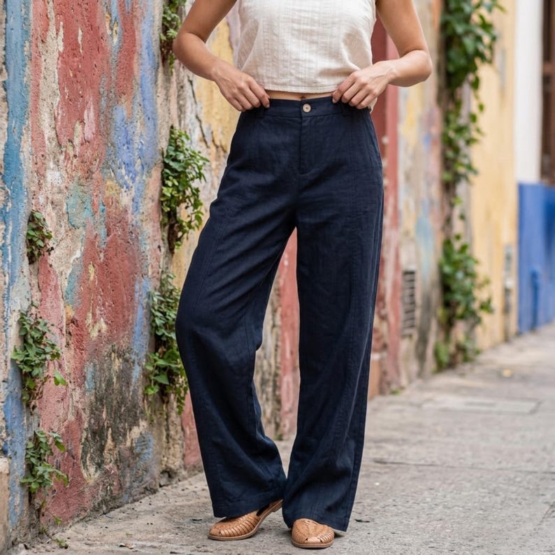 Blue wide leg slacks for women with relaxed fit and minimalist capsule wardrobe styling