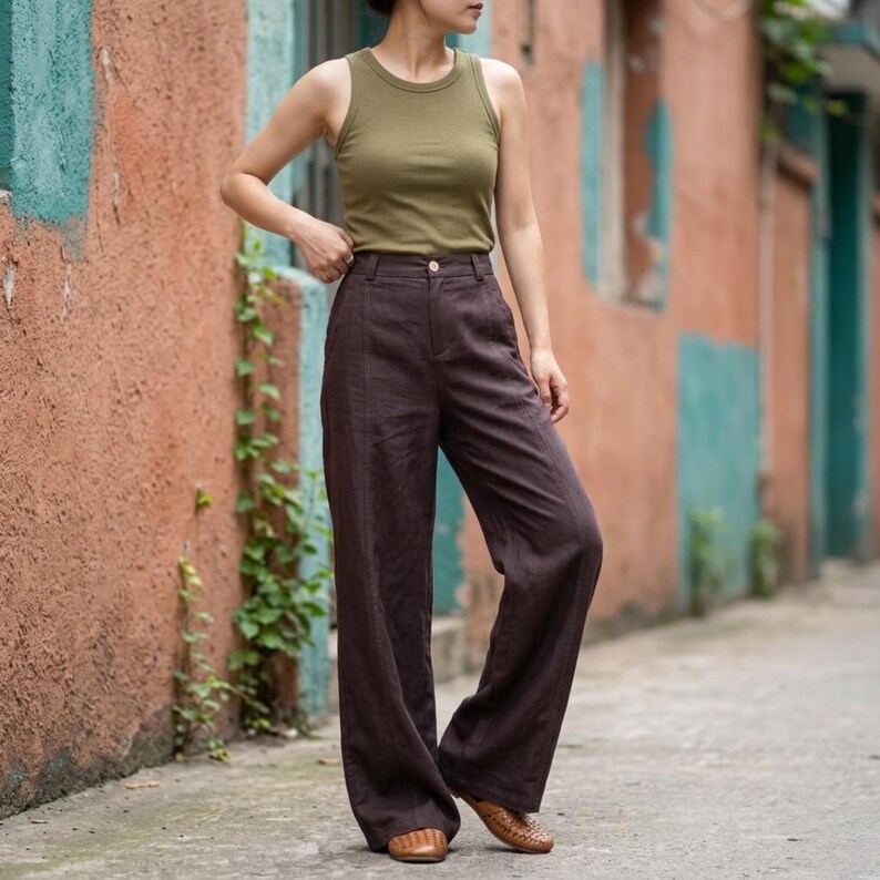 May include: A person wearing a green tank top and brown wide-leg pants. The pants have a high waist and a button closure. The person is wearing brown woven shoes. The background is a weathered brick wall.