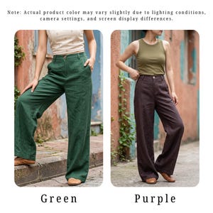 May include: Two pairs of wide-leg pants in green and purple. The green pants are paired with a cream-colored top, while the purple pants are worn with an olive-green tank top. The image includes the text "Green" and "Purple".