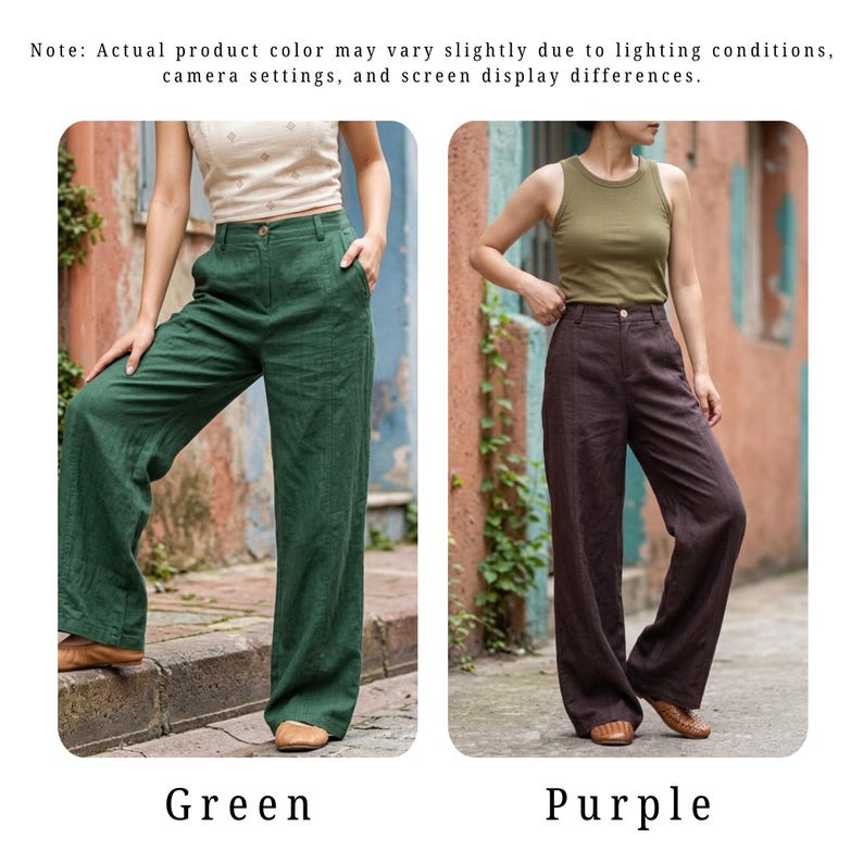 May include: Two pairs of wide-leg pants in green and purple. The green pants are paired with a cream-colored top, while the purple pants are worn with an olive-green tank top. The image includes the text "Green" and "Purple".