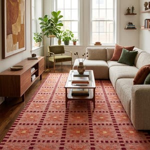 May include: A rectangular area rug featuring a repeating grid pattern in shades of terracotta, deep red, and soft orange. The rug is positioned in a living room setting, covering the floor beneath a glass-topped coffee table and a beige sectional sofa.