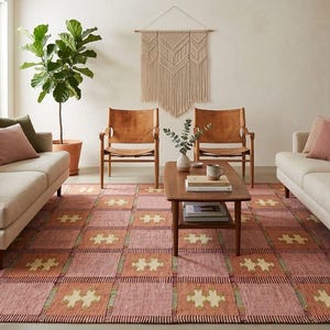 Alfombra Kilim escandinava roja y rosa de lana tejida a mano, tejido plano, 8 x 10, alfombra sueca Home Docor