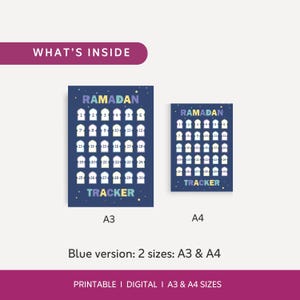 May include: Two blue Ramadan tracker posters, one A3 and one A4 size, with a white background. The posters have a dark blue background with white numbers and the word "Ramadan" at the top. The word "Tracker" is at the bottom.