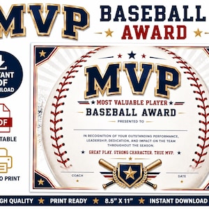 Puede incluir: Un certificado de premio de béisbol imprimible con el texto "MVP BASEBALL AWARD". El diseño presenta un gráfico de béisbol con costuras rojas, detalles dorados y espacio para personalización. Incluye "Descarga instantánea de PDF".