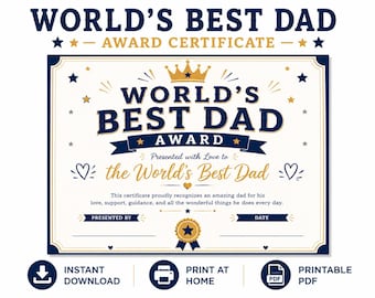 World’s Best Dad Award Certificate Printable PDF | Father’s Day Gift from Kids | Instant Download Dad Appreciation Award