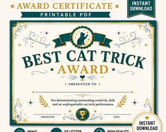 Cat Trick Award Certificate, Printable PDF (Instant Download)