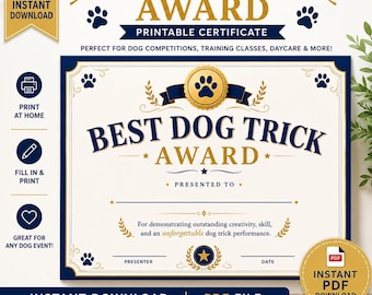 Dog Trick Certificate, Printable PDF, Dog Competition Training Award (Instant Download)