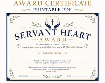 Servant Heart Award Certificate, Christian Volunteer Appreciation, Church Recognition (Instant Download)