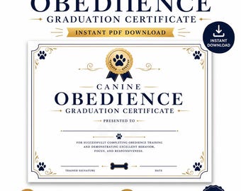 Canine Obedience Graduation Certificate, Printable PDF Award (8.5x11 Landscape)