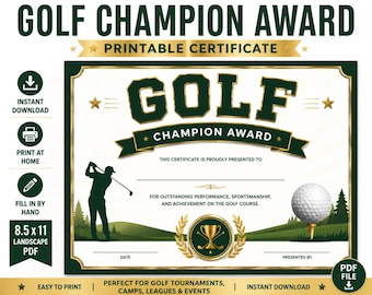 Golf Champion Award Certificate | Printable Tournament Winner Trophy (8.5x11 PDF)