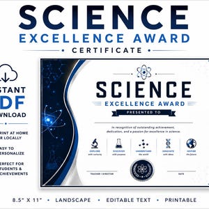 Può includere: Un certificato stampabile Science Excellence Award con un design blu e bianco. Il certificato include il testo "Science Excellence Award" e "Presented To". Misura 21,59 cm x 27,94 cm e ha testo modificabile.